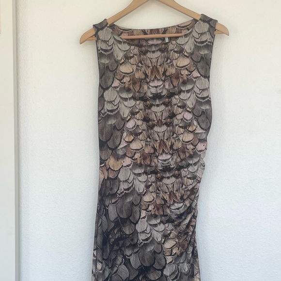 Three Dots Feather Print Shirred Midi Dress Womens Medium Ruched Tank Top Sleeve - Picture 6 of 10